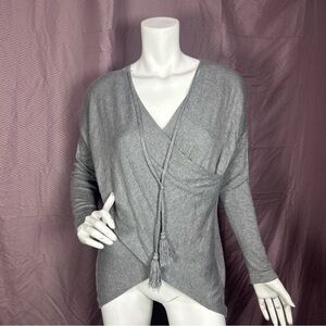 White House Black Market Women’s Gray Wrap Sweater S V-Neck Tassel Tie
